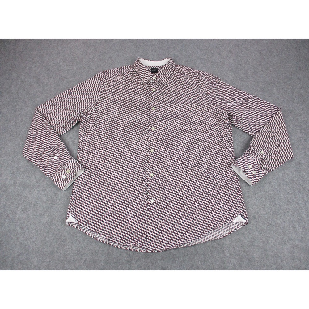 Hugo Boss Shirt Mens XL Red White Geometric Slim Fit Dress Button Up Long Sleeve